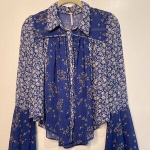 Free People Size S • Cobalt Blue Floral Sheer Peasant Top Boho Blouse